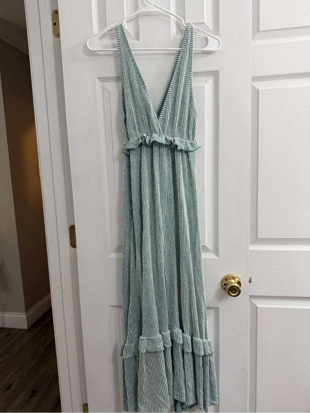 Plunging V-Neck Front and Back Striped Maxi Dress in Sage Green
